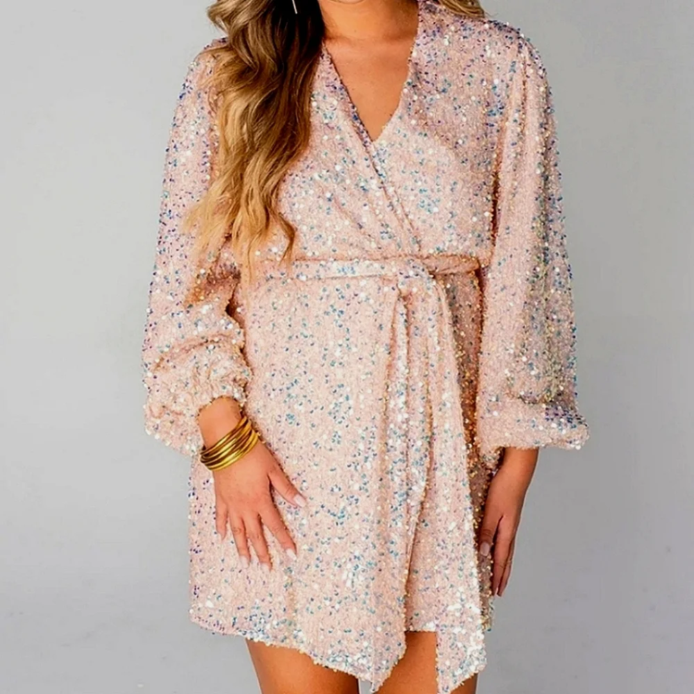 Buddy Love Adeline Baby Pink Sequin Wrap Mini Dress Party Homecoming Formal S